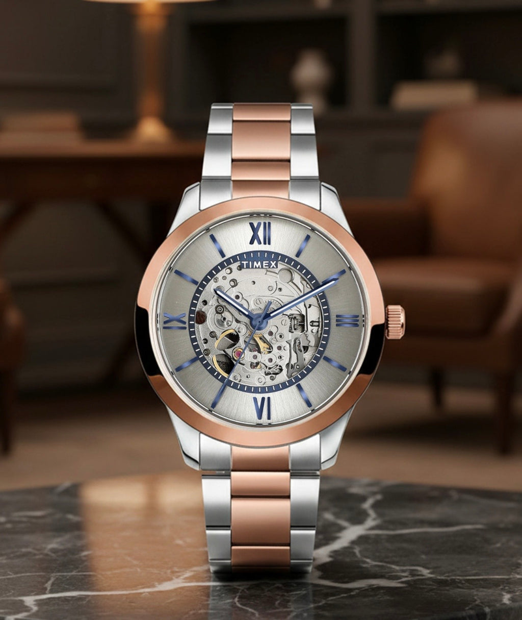 Timex Prestige Skeleton: Silver & Gold