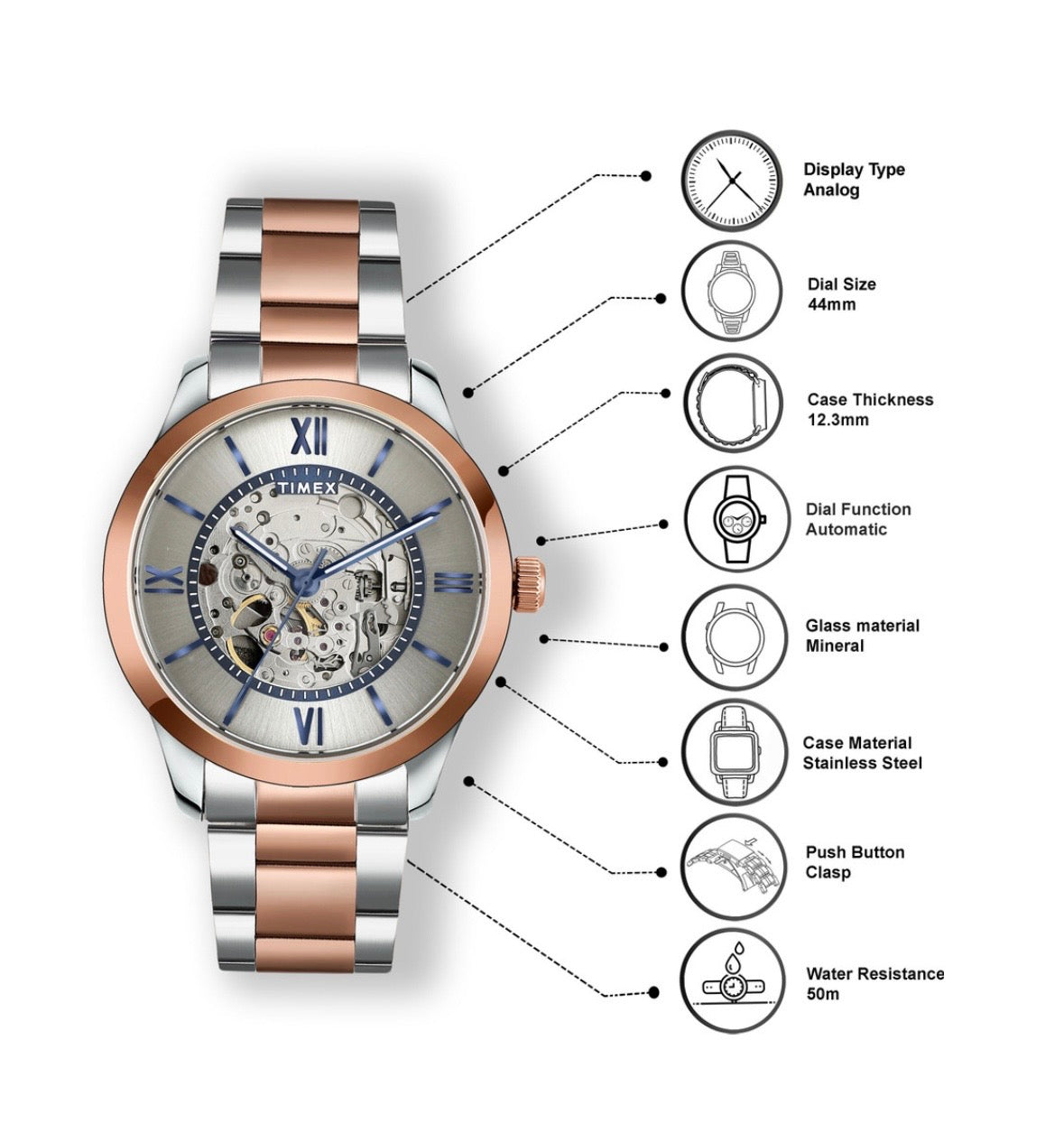 Timex Prestige Skeleton: Silver & Gold